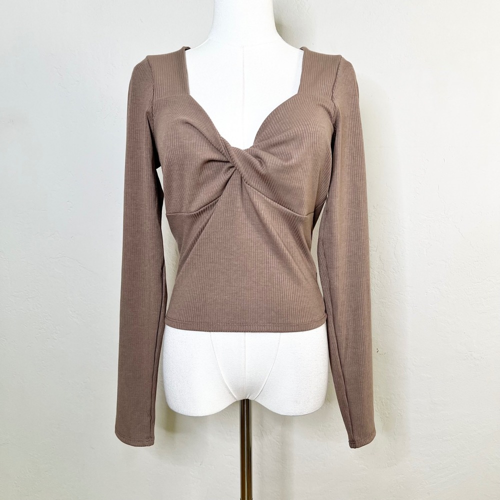 Lulus Top Ribbed Twist Front Long Sleeve Size Medium Brown NEW Rib Knit Stretch